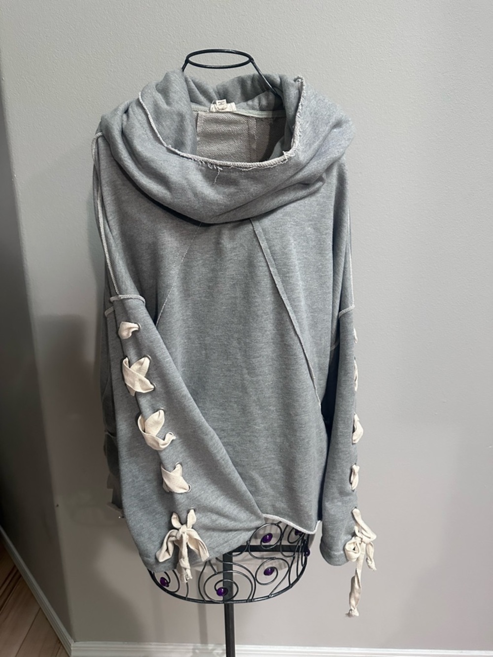 Gray Hooded Sweatshirt with Side Tie Sleeve Details